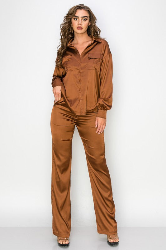Satin Oversized Blouse and Pants Set