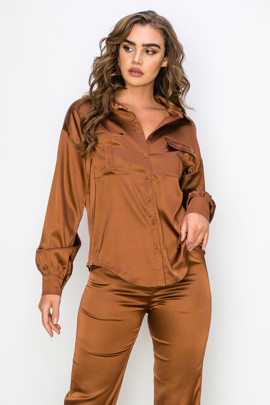 Satin Oversized Blouse and Pants Set