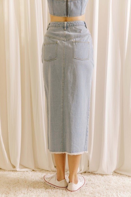 Light Denim Pencil Midi Skirt