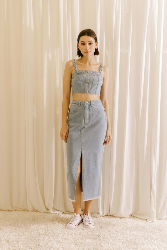 Light Denim Pencil Midi Skirt