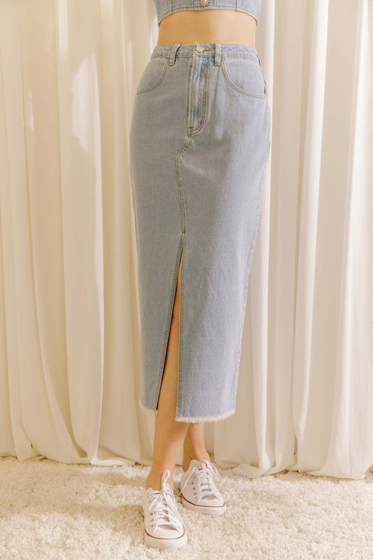Light Denim Pencil Midi Skirt