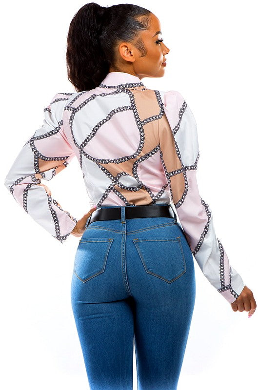 Chain multi print & Puff Sleeves Shirt