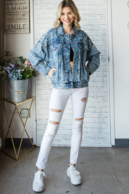 Pearl and Rhinestone Denim Jacket