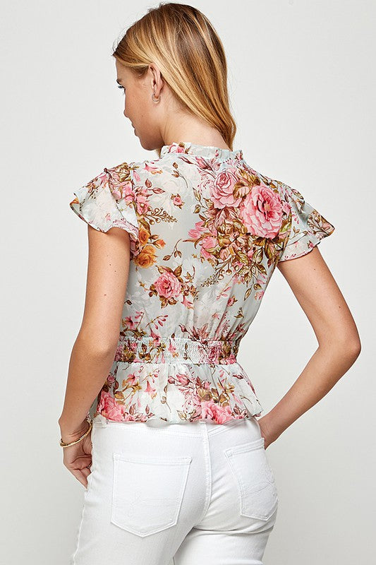 Roses Printed Ruffle Sleeve Top
