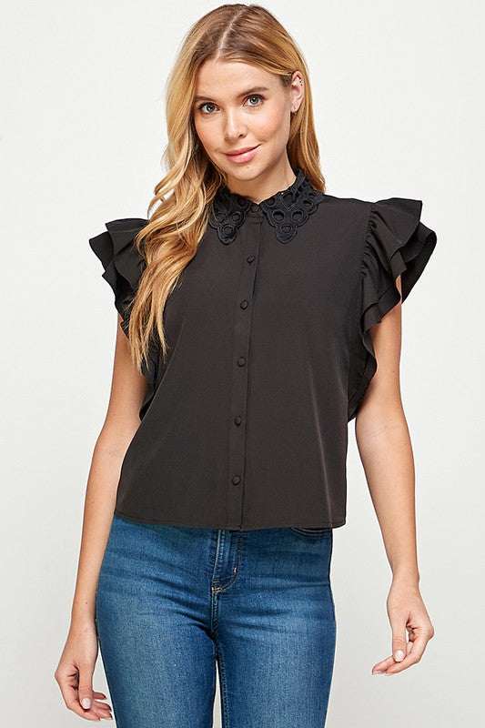 Chic Sophistication: Black Cute with Ruffle Button Down Top in Polyester-Elastic Blend