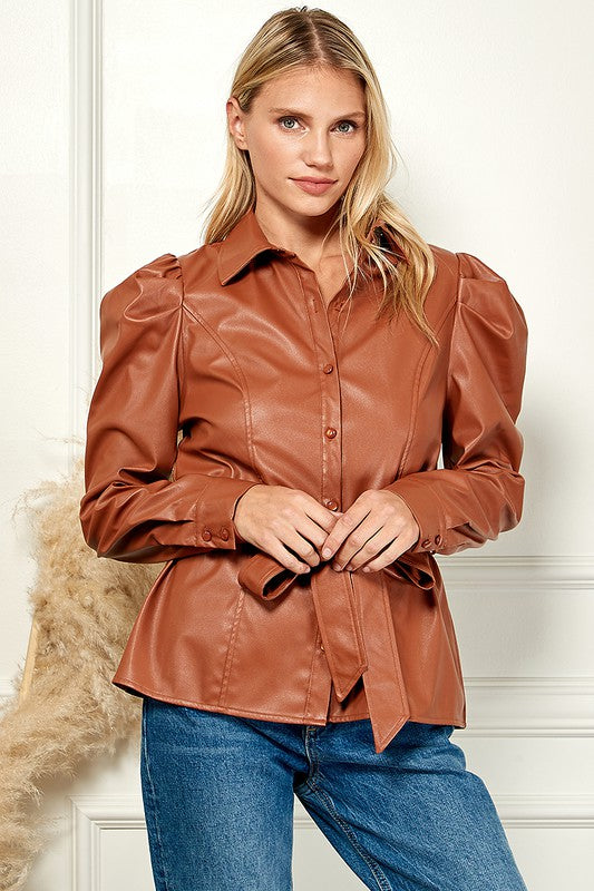 Vegan Leather Blouse with Waist Tie