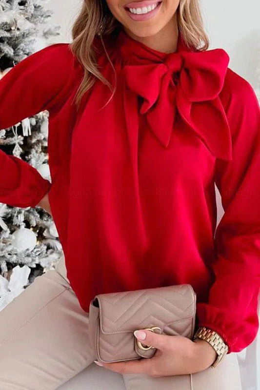 Effortless Elegance: The Pleated Bow Red Blouse