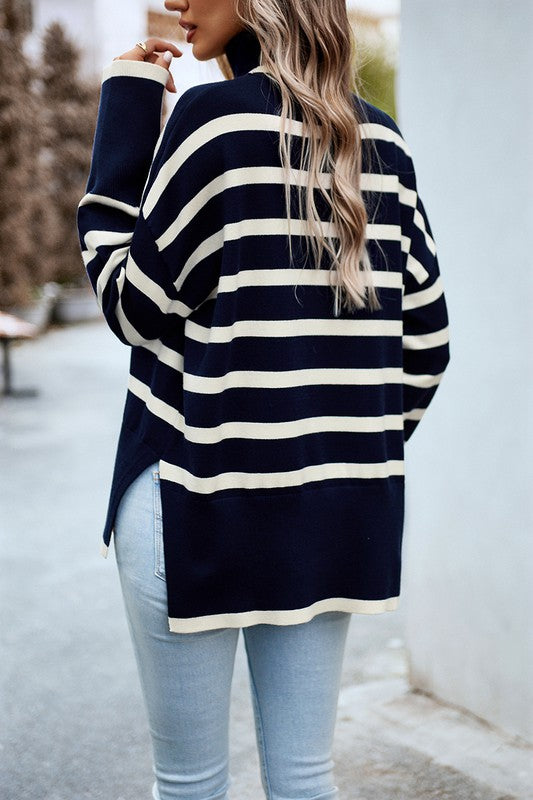 Modern Elegance: Black and White Striped Mock Neck Sweater in Viscose Blend