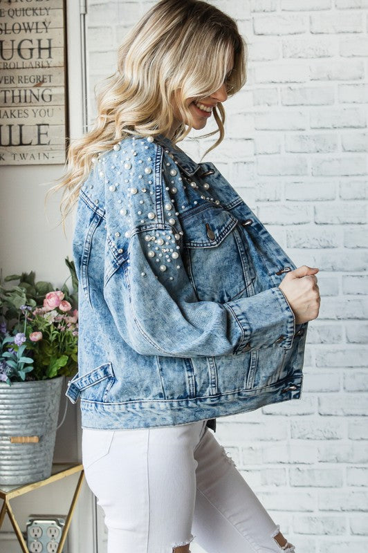 Pearl embellished 2024 jean jacket