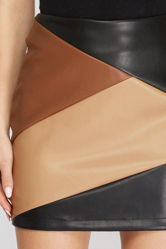 Color Harmony: Black, Brown & Beige Colored Block Vegan Leather Skirt