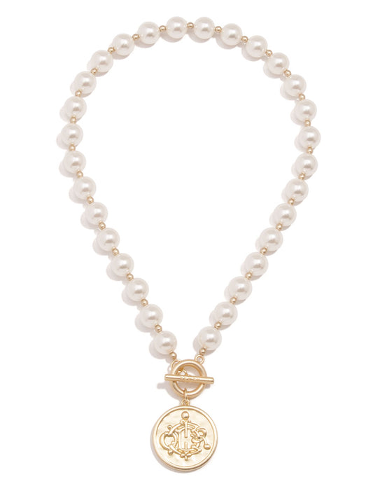 Engraved Coin & Pearl Necklace